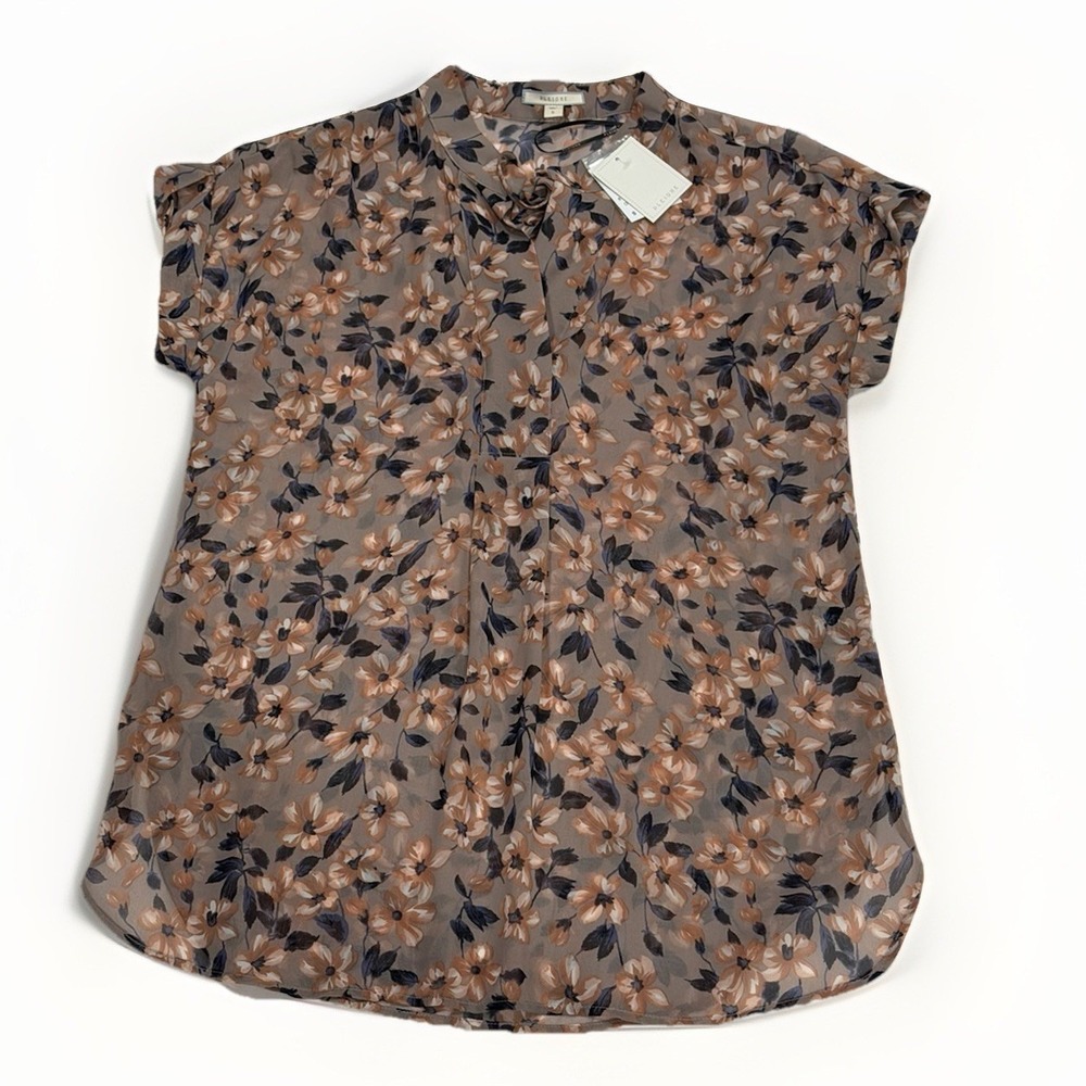 NEW Pleione Top Size Small‎ Floral V Neck Cap Sleeve Pullover Pleated Brown Chic